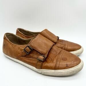 Frye Mindy Monk Double Buckle Slip On Leather Sneaker Carmel Brown Size 7